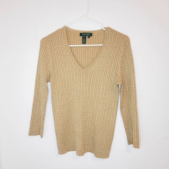 Ralph Lauren women's Gold shimmer V Neck Long sleeve New Year Sweater Medium - Picture 3 of 6